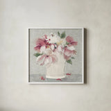 Cottage Bouquet II Light by Cheri Blum. Shown in a crisp white glass frame for a clean and minimalist style. Available as an archival giclee rolled canvas, fine art paper, or poster print. SKU 68654a.