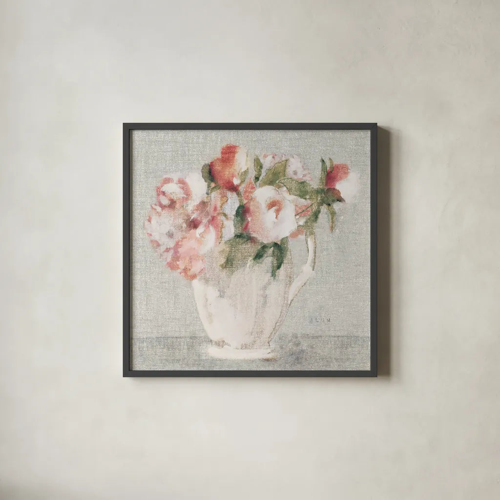 Cottage Bouquet III Light by Cheri Blum. Shown in a sleek black glass frame for a contemporary gallery look. Available as an archival giclee rolled canvas, fine art paper, or poster print. SKU 68655a.