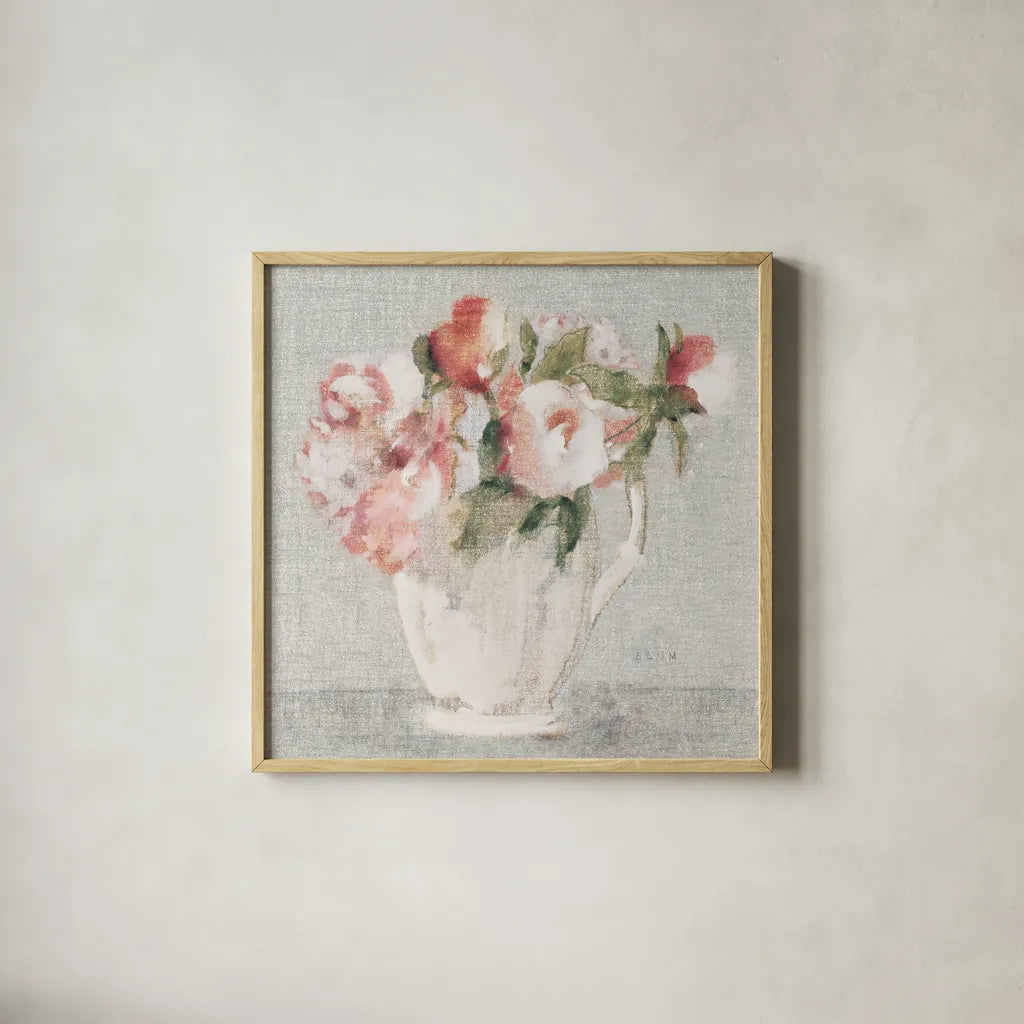 Cottage Bouquet III Light by Cheri Blum. Shown in a natural wood glass frame for a timeless modern aesthetic. Available as an archival giclee rolled canvas, fine art paper, or poster print. SKU 68655a.