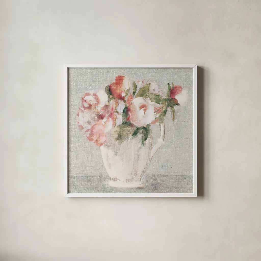 Cottage Bouquet III Light by Cheri Blum. Shown in a crisp white glass frame for a clean and minimalist style. Available as an archival giclee rolled canvas, fine art paper, or poster print. SKU 68655a.