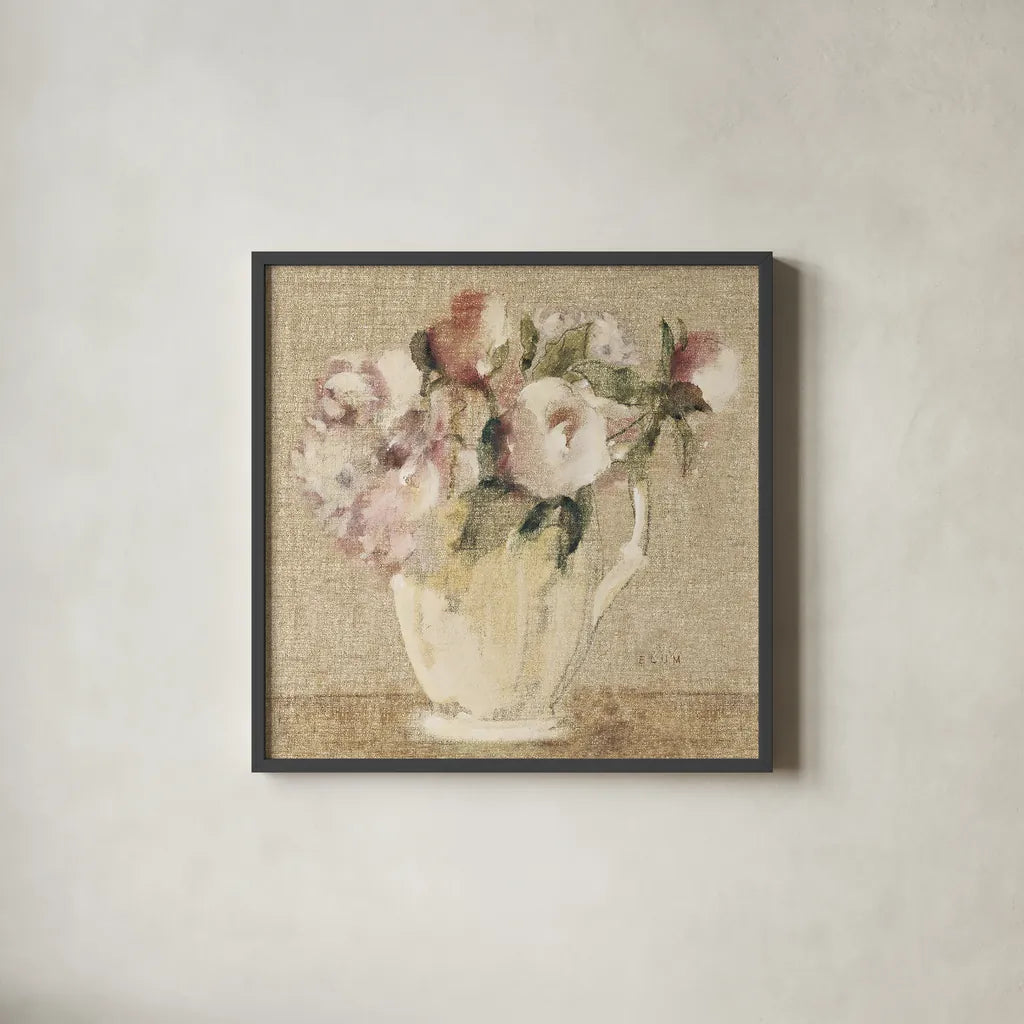 Cottage Bouquet III no Border by Cheri Blum. Shown in a sleek black glass frame for a contemporary gallery look. Available as an archival giclee rolled canvas, fine art paper, or poster print. SKU 15270a.