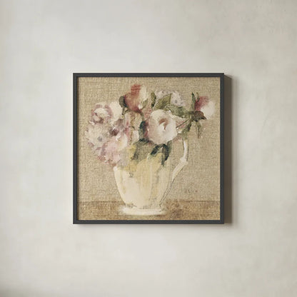 Cottage Bouquet III no Border by Cheri Blum. Shown in a sleek black glass frame for a contemporary gallery look. Available as an archival giclee rolled canvas, fine art paper, or poster print. SKU 15270a.