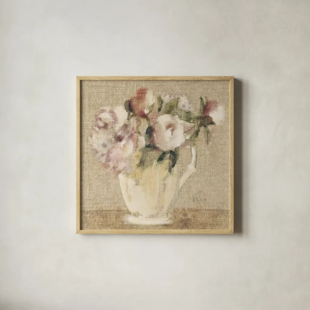 Cottage Bouquet III no Border by Cheri Blum. Shown in a natural wood glass frame for a timeless modern aesthetic. Available as an archival giclee rolled canvas, fine art paper, or poster print. SKU 15270a.