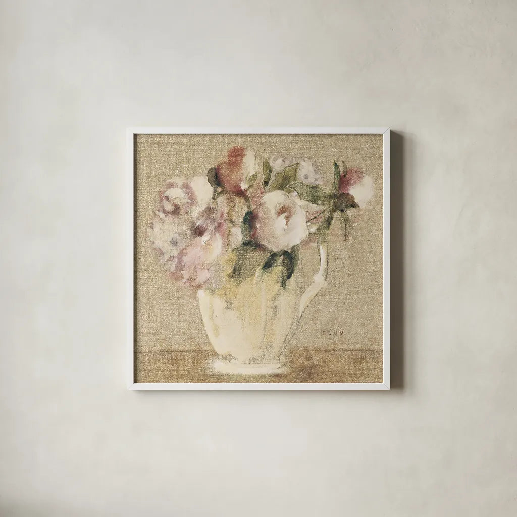 Cottage Bouquet III no Border by Cheri Blum. Shown in a crisp white glass frame for a clean and minimalist style. Available as an archival giclee rolled canvas, fine art paper, or poster print. SKU 15270a.