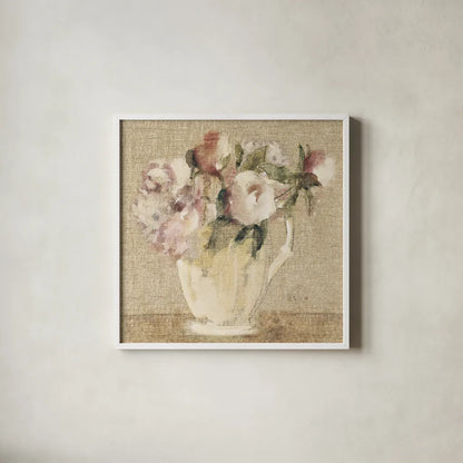 Cottage Bouquet III no Border by Cheri Blum. Shown in a crisp white glass frame for a clean and minimalist style. Available as an archival giclee rolled canvas, fine art paper, or poster print. SKU 15270a.