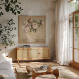 Cottage Bouquet III no Border by Cheri Blum. Shown in a natural wood frame in a cozy modern living room. Available as an archival giclee rolled canvas, fine art paper, or poster print. SKU 15270a.