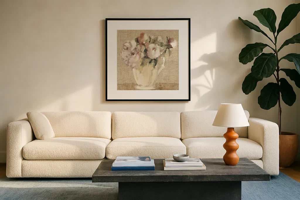 Cottage Bouquet III no Border by Cheri Blum. Displayed in a glass frame with matte in a clean modern living room. Available as an archival giclee rolled canvas, fine art paper, or poster print. SKU 15270a.