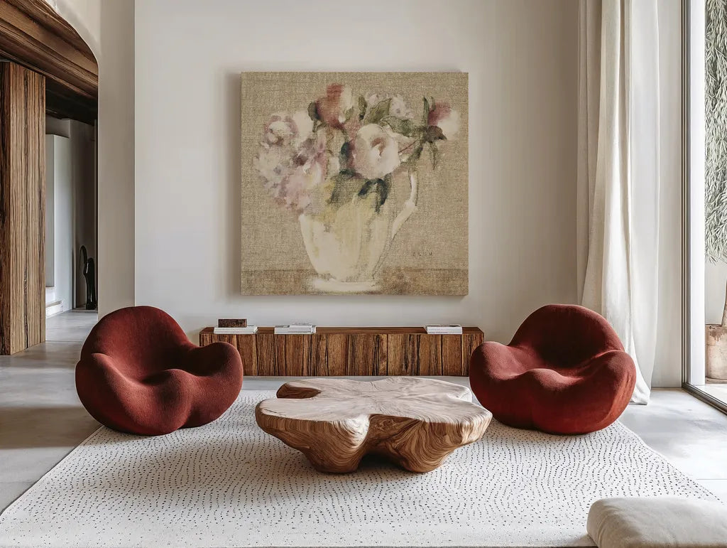 Cottage Bouquet III no Border by Cheri Blum. Shown as extra-large giant wall art in a modern living room. Available as an archival giclee rolled canvas, fine art paper, or poster print. SKU 15270a.