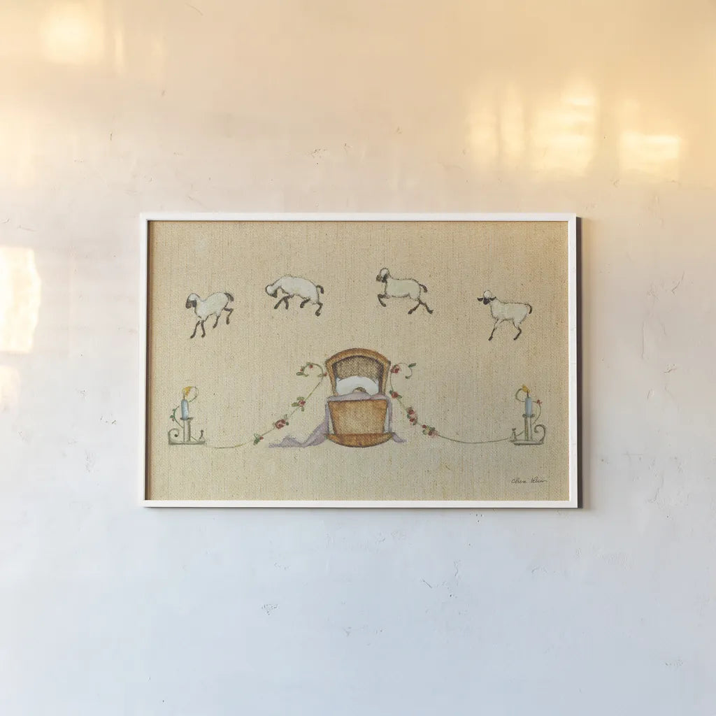 Counting Sheep by Cheri Blum. shown as a paper print in a white frame. Available as a archival giclee rolled canvas, fine art paper, or poster print. SKU 90506i.