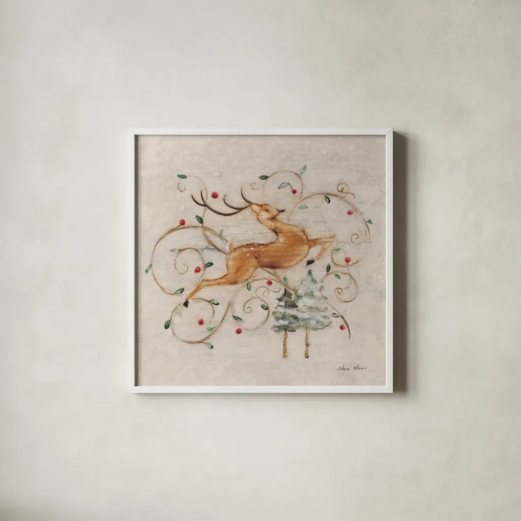Deer I by Cheri Blum. Shown in a crisp white glass frame for a clean and minimalist style. Available as an archival giclee rolled canvas, fine art paper, or poster print. SKU 90377a.