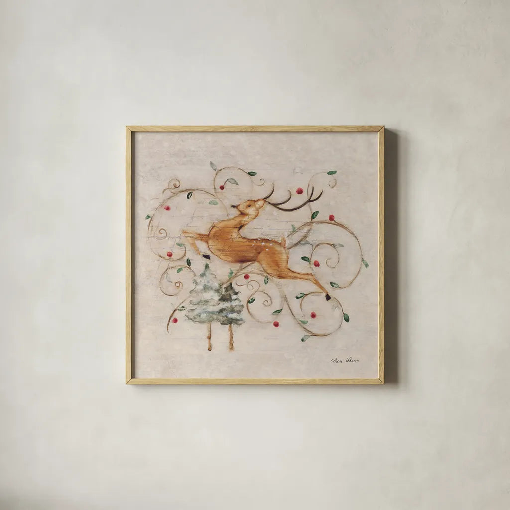 Deer II by Cheri Blum. Shown in a natural wood glass frame for a timeless modern aesthetic. Available as an archival giclee rolled canvas, fine art paper, or poster print. SKU 90378a.