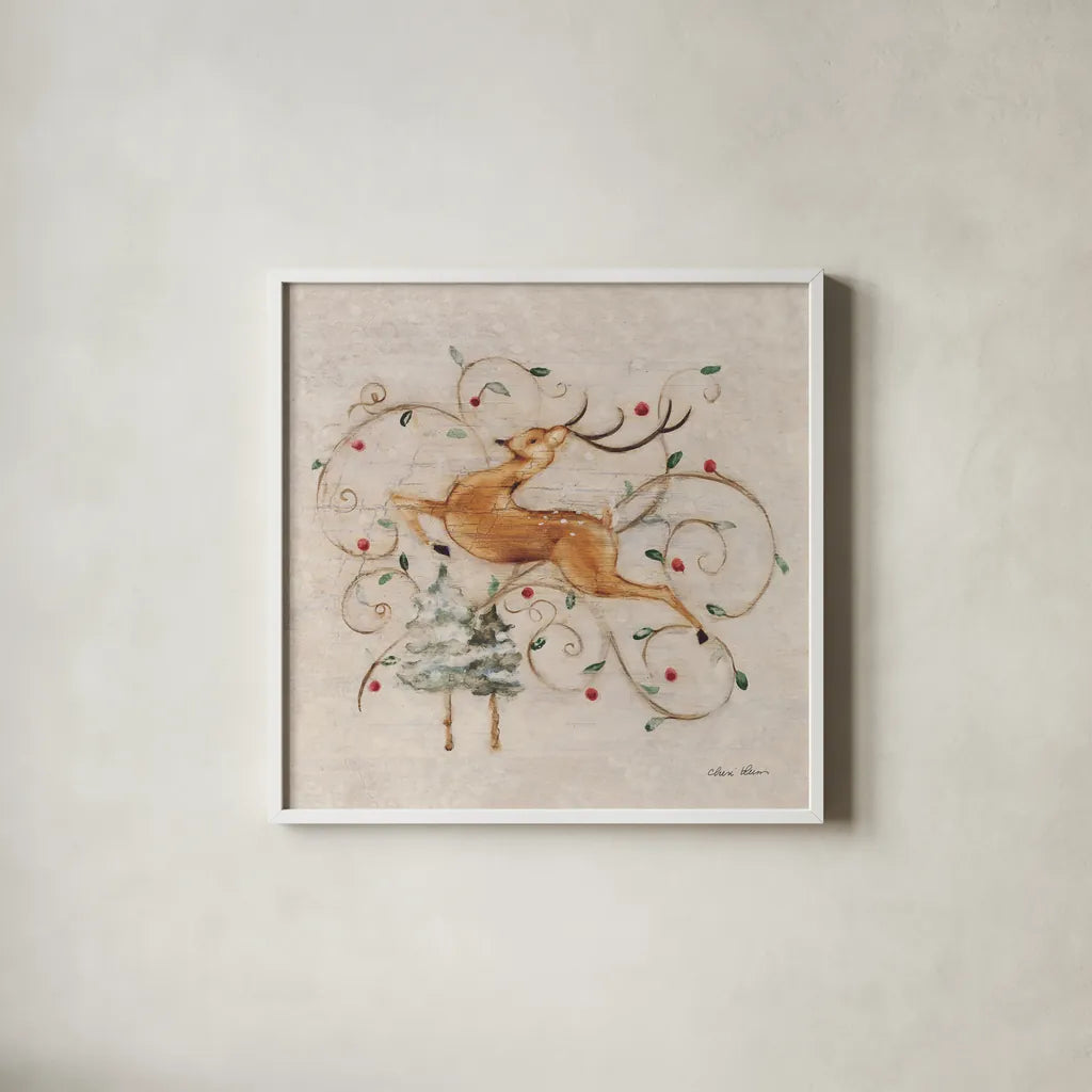 Deer II by Cheri Blum. Shown in a crisp white glass frame for a clean and minimalist style. Available as an archival giclee rolled canvas, fine art paper, or poster print. SKU 90378a.