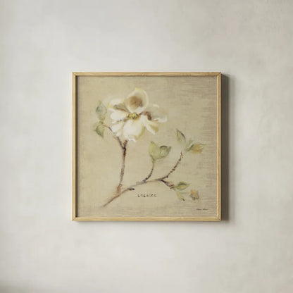 Dogwood Blossom by Cheri Blum. Shown in a natural wood glass frame for a timeless modern aesthetic. Available as an archival giclee rolled canvas, fine art paper, or poster print. SKU 7020a.