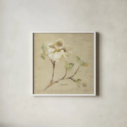 Dogwood Blossom by Cheri Blum. Shown in a crisp white glass frame for a clean and minimalist style. Available as an archival giclee rolled canvas, fine art paper, or poster print. SKU 7020a.