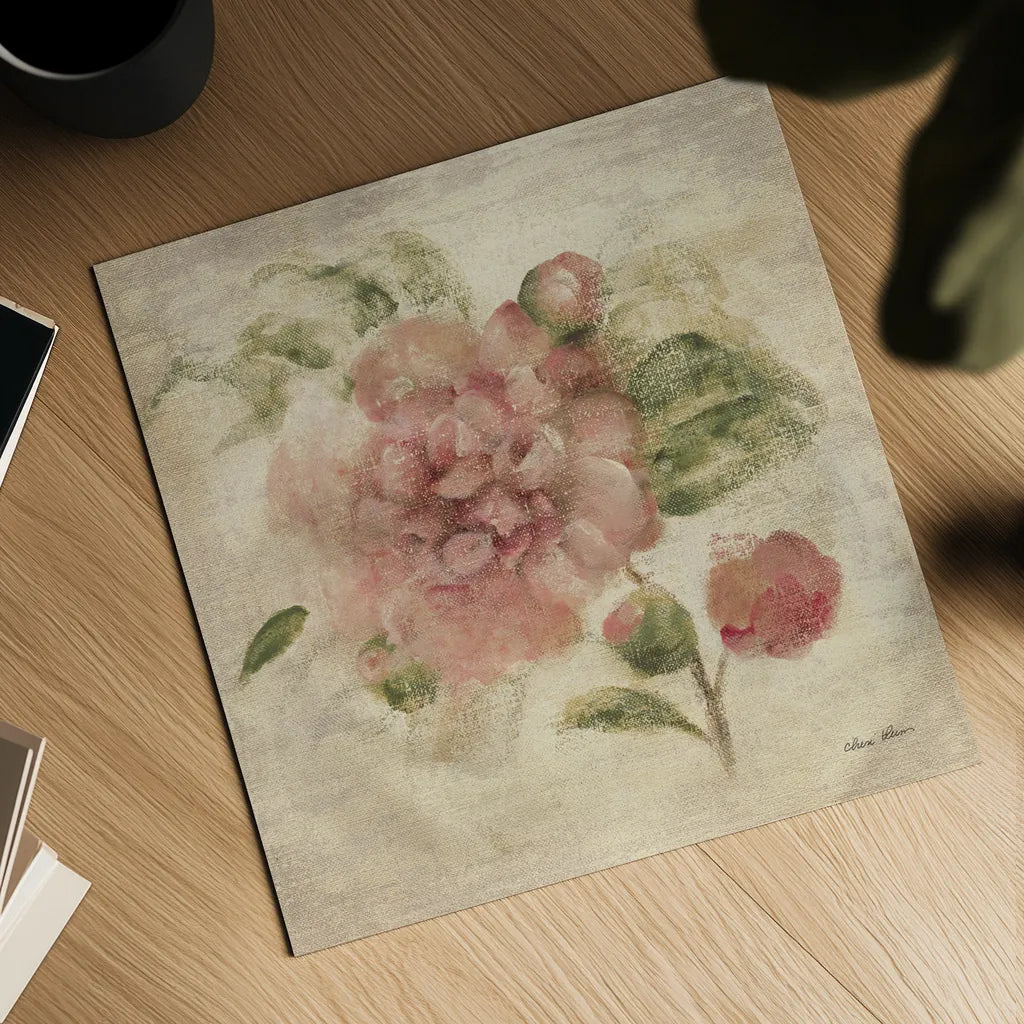 Dusty Pink Rose on Antique Linen Light by Cheri Blum. Shown as a detailed flat fine art print, highlighting archival giclee quality. Available as an archival giclee rolled canvas, fine art paper, or poster print. SKU 90528a.