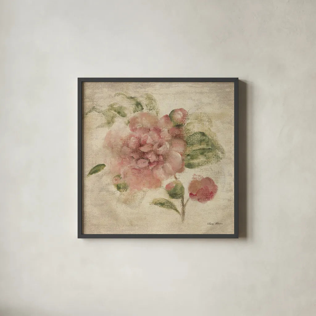 Dusty Pink Rose on Antique Linen Light by Cheri Blum. Shown in a sleek black glass frame for a contemporary gallery look. Available as an archival giclee rolled canvas, fine art paper, or poster print. SKU 90528a.