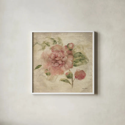 Dusty Pink Rose on Antique Linen Light by Cheri Blum. Shown in a crisp white glass frame for a clean and minimalist style. Available as an archival giclee rolled canvas, fine art paper, or poster print. SKU 90528a.