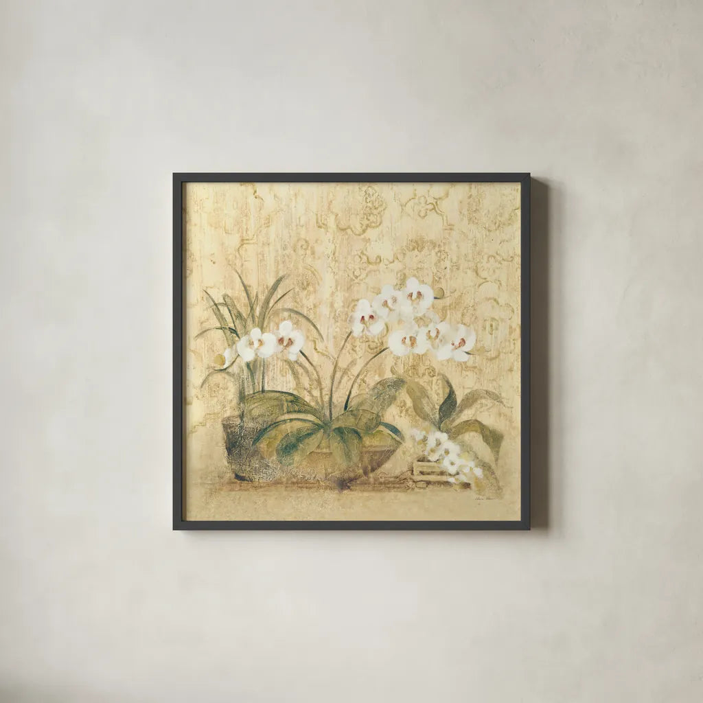 Espirit Orchid by Cheri Blum. Shown in a sleek black glass frame for a contemporary gallery look. Available as an archival giclee rolled canvas, fine art paper, or poster print. SKU 8115a.