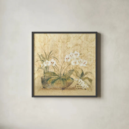 Espirit Orchid by Cheri Blum. Shown in a sleek black glass frame for a contemporary gallery look. Available as an archival giclee rolled canvas, fine art paper, or poster print. SKU 8115a.