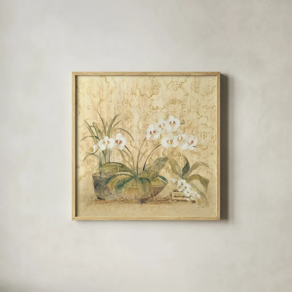 Espirit Orchid by Cheri Blum. Shown in a natural wood glass frame for a timeless modern aesthetic. Available as an archival giclee rolled canvas, fine art paper, or poster print. SKU 8115a.