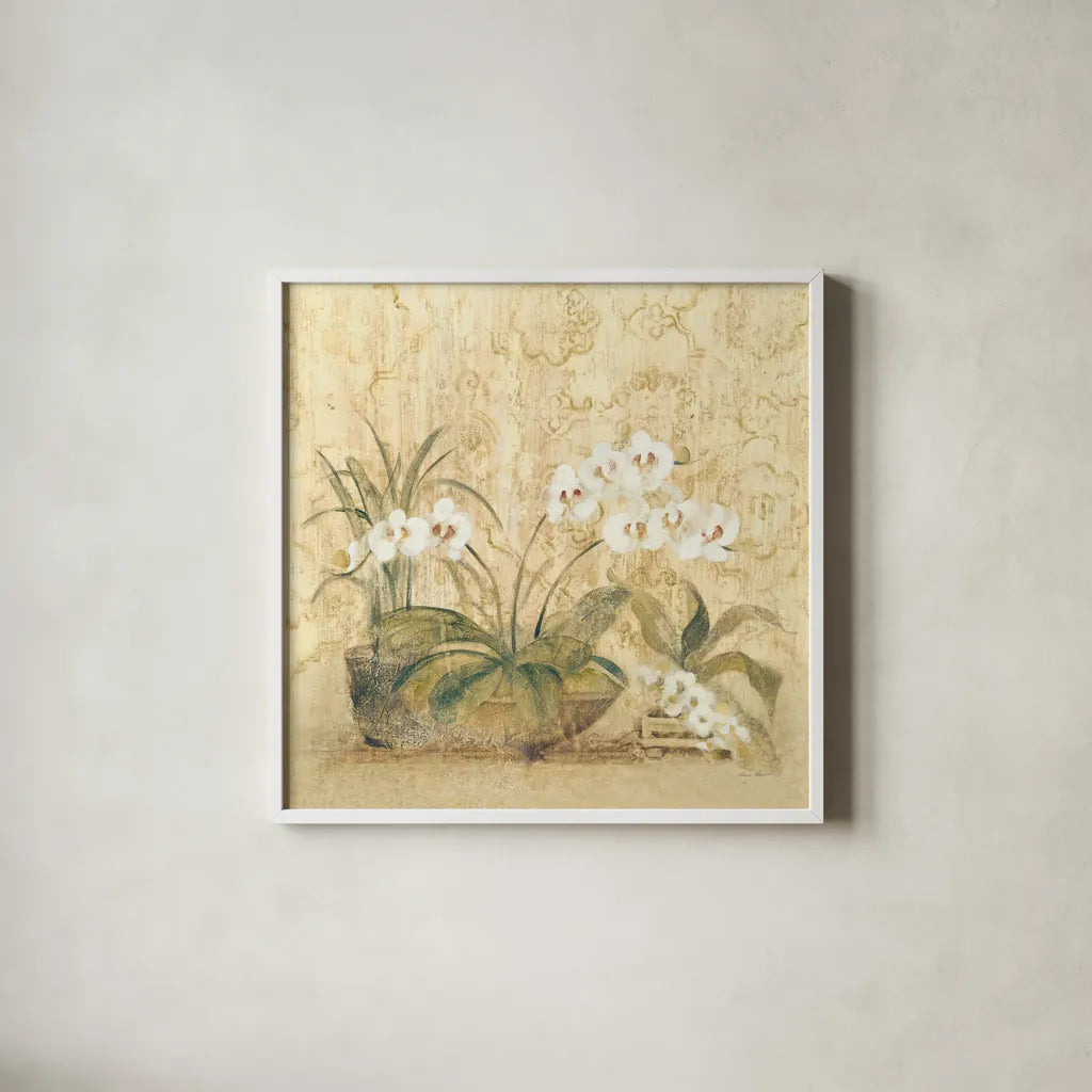 Espirit Orchid by Cheri Blum. Shown in a crisp white glass frame for a clean and minimalist style. Available as an archival giclee rolled canvas, fine art paper, or poster print. SKU 8115a.