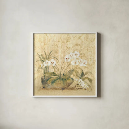 Espirit Orchid by Cheri Blum. Shown in a crisp white glass frame for a clean and minimalist style. Available as an archival giclee rolled canvas, fine art paper, or poster print. SKU 8115a.