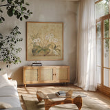Espirit Orchid by Cheri Blum. Shown in a natural wood frame in a cozy modern living room. Available as an archival giclee rolled canvas, fine art paper, or poster print. SKU 8115a.