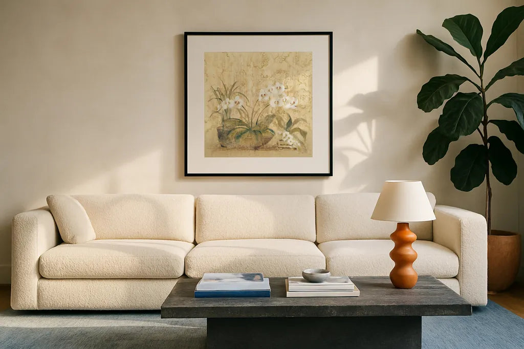 Espirit Orchid by Cheri Blum. Displayed in a glass frame with matte in a clean modern living room. Available as an archival giclee rolled canvas, fine art paper, or poster print. SKU 8115a.