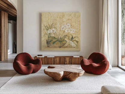 Espirit Orchid by Cheri Blum. Shown as extra-large giant wall art in a modern living room. Available as an archival giclee rolled canvas, fine art paper, or poster print. SKU 8115a.