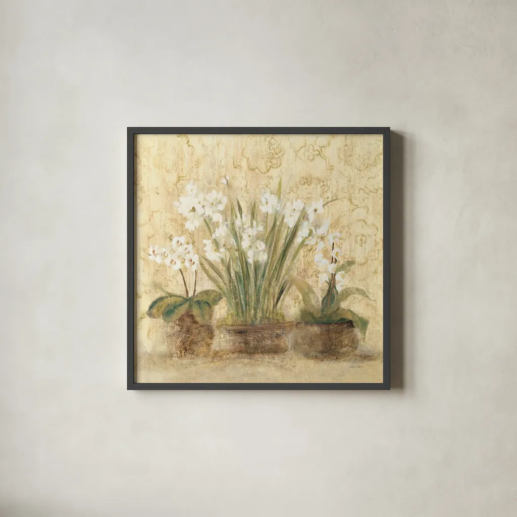 Esprit Narcissus and Orchid by Cheri Blum. Shown in a sleek black glass frame for a contemporary gallery look. Available as an archival giclee rolled canvas, fine art paper, or poster print. SKU 8232a.