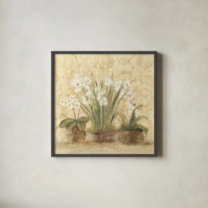 Esprit Narcissus and Orchid by Cheri Blum. Shown in a sleek black glass frame for a contemporary gallery look. Available as an archival giclee rolled canvas, fine art paper, or poster print. SKU 8232a.