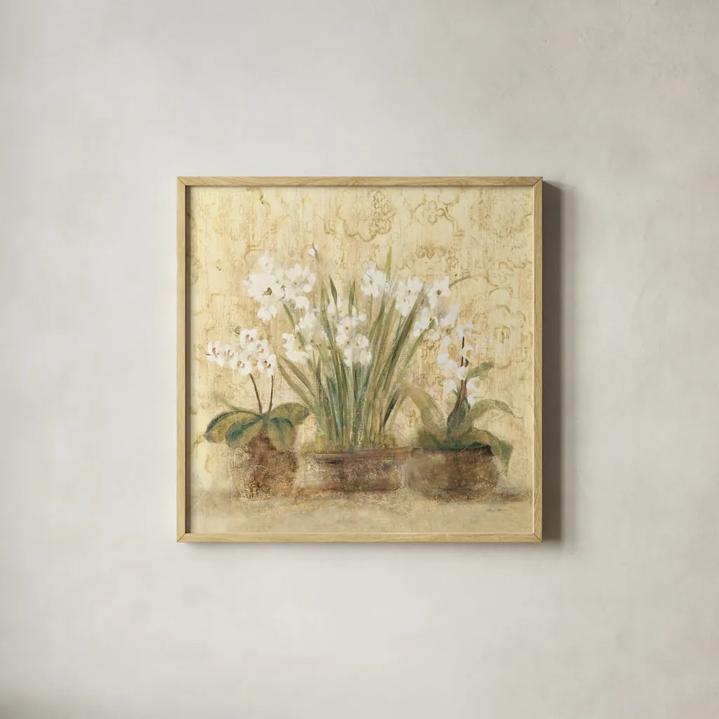 Esprit Narcissus and Orchid by Cheri Blum. Shown in a natural wood glass frame for a timeless modern aesthetic. Available as an archival giclee rolled canvas, fine art paper, or poster print. SKU 8232a.