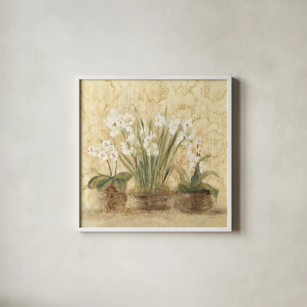 Esprit Narcissus and Orchid by Cheri Blum. Shown in a crisp white glass frame for a clean and minimalist style. Available as an archival giclee rolled canvas, fine art paper, or poster print. SKU 8232a.