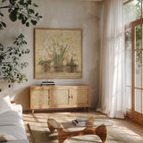 Esprit Narcissus and Orchid by Cheri Blum. Shown in a natural wood frame in a cozy modern living room. Available as an archival giclee rolled canvas, fine art paper, or poster print. SKU 8232a.