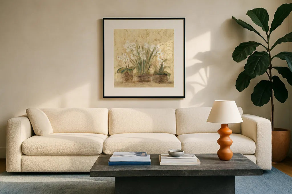 Esprit Narcissus and Orchid by Cheri Blum. Displayed in a glass frame with matte in a clean modern living room. Available as an archival giclee rolled canvas, fine art paper, or poster print. SKU 8232a.