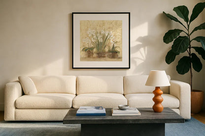 Esprit Narcissus and Orchid by Cheri Blum. Displayed in a glass frame with matte in a clean modern living room. Available as an archival giclee rolled canvas, fine art paper, or poster print. SKU 8232a.