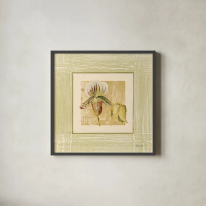 Exotic Floral II by Cheri Blum. Shown in a sleek black glass frame for a contemporary gallery look. Available as an archival giclee rolled canvas, fine art paper, or poster print. SKU 8229a.