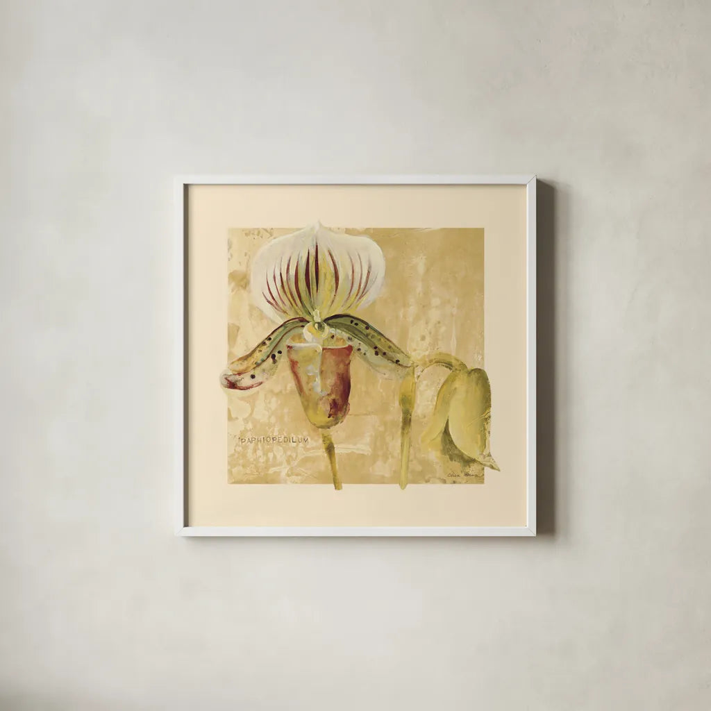 Exotic Floral II Crop by Cheri Blum. Shown in a crisp white glass frame for a clean and minimalist style. Available as an archival giclee rolled canvas, fine art paper, or poster print. SKU 88530a.