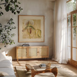 Exotic Floral II Crop by Cheri Blum. Shown in a natural wood frame in a cozy modern living room. Available as an archival giclee rolled canvas, fine art paper, or poster print. SKU 88530a.