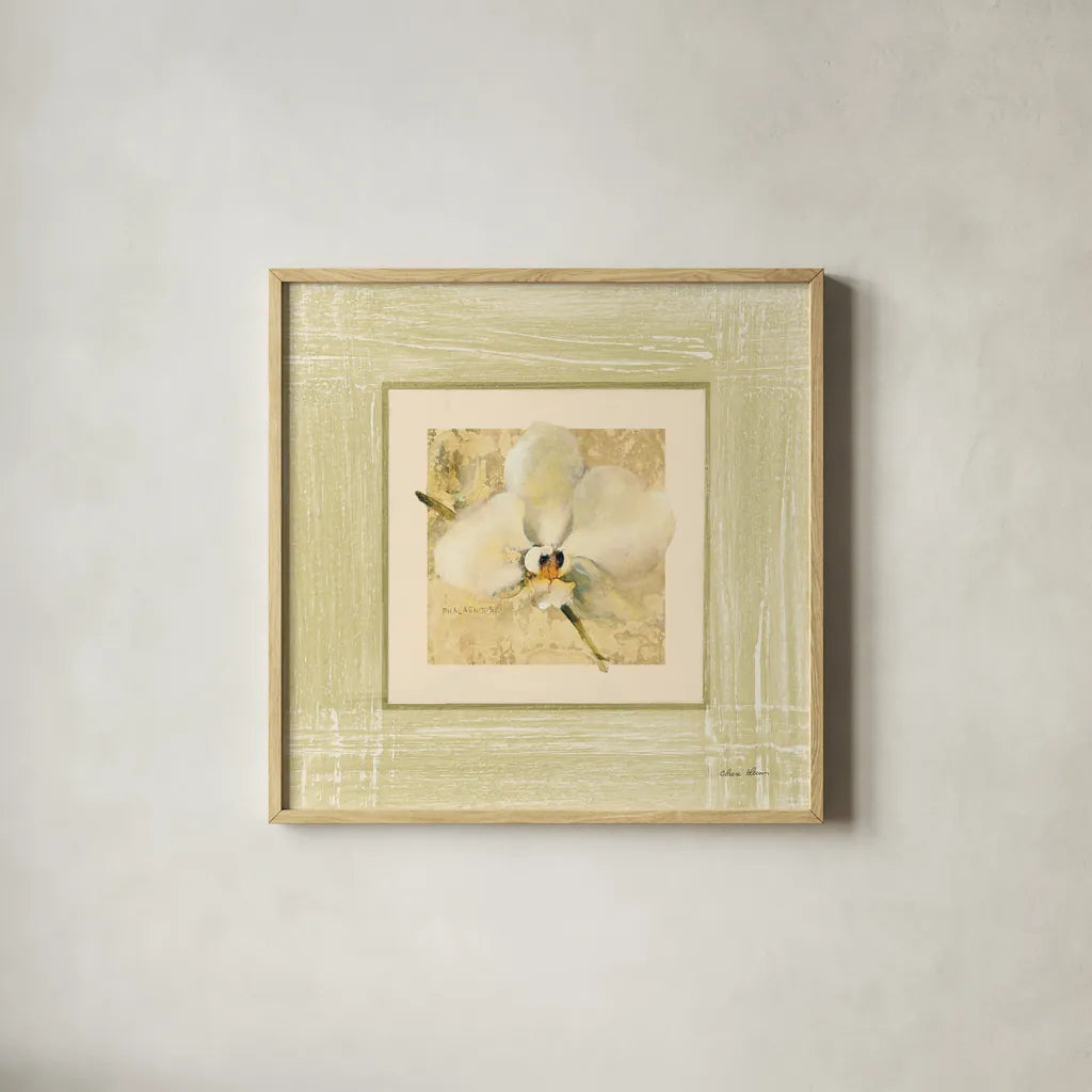 Exotic Floral III by Cheri Blum. Shown in a natural wood glass frame for a timeless modern aesthetic. Available as an archival giclee rolled canvas, fine art paper, or poster print. SKU 8230a.