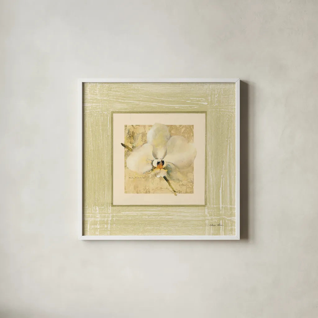 Exotic Floral III by Cheri Blum. Shown in a crisp white glass frame for a clean and minimalist style. Available as an archival giclee rolled canvas, fine art paper, or poster print. SKU 8230a.