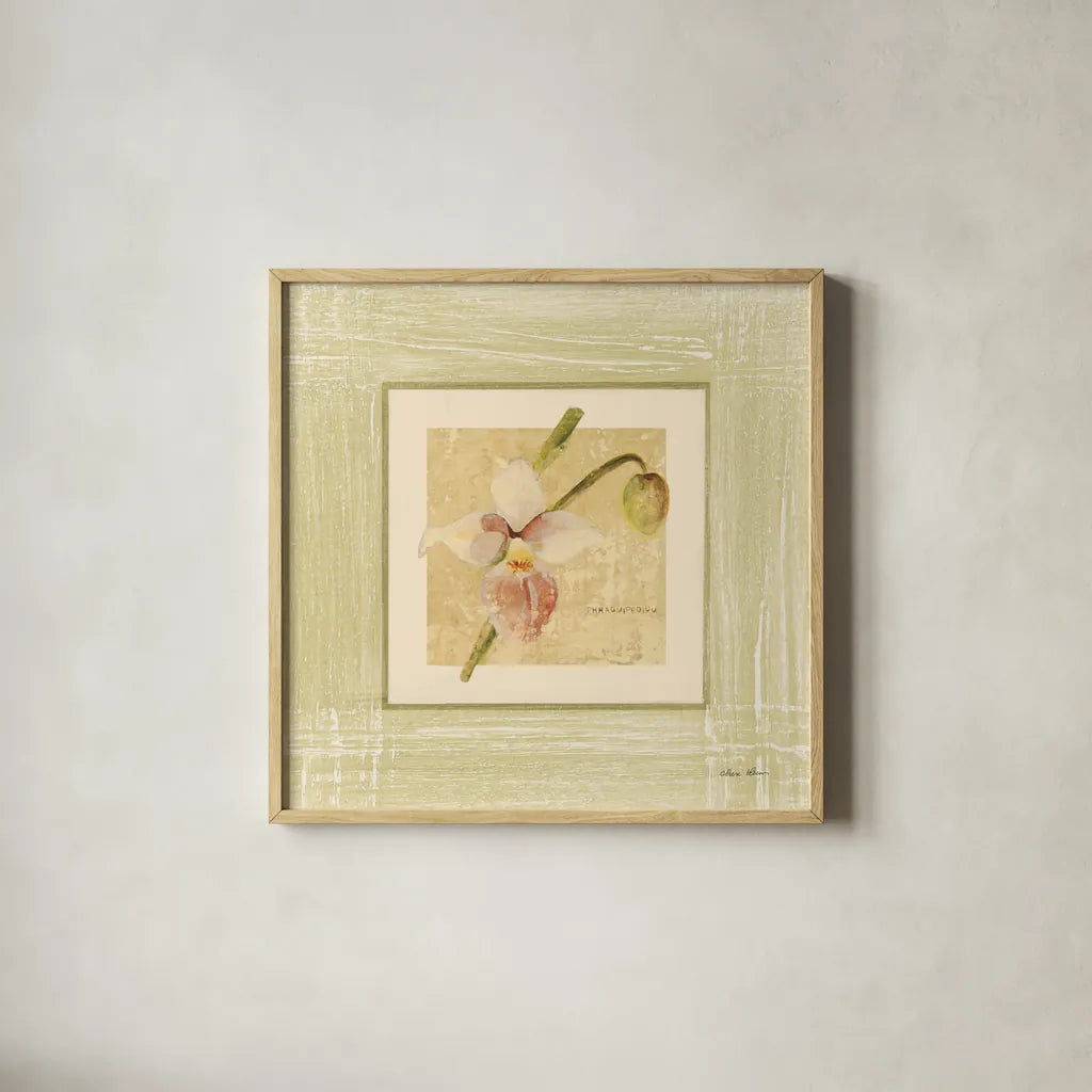 Exotic Floral IV by Cheri Blum. Shown in a natural wood glass frame for a timeless modern aesthetic. Available as an archival giclee rolled canvas, fine art paper, or poster print. SKU 8231a.