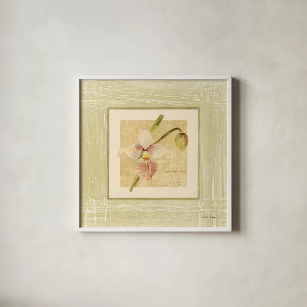 Exotic Floral IV by Cheri Blum. Shown in a crisp white glass frame for a clean and minimalist style. Available as an archival giclee rolled canvas, fine art paper, or poster print. SKU 8231a.