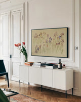 Field of Irises by Cheri Blum. shown as a framed stretched canvas in a living room above a console. Available as a archival giclee rolled canvas, fine art paper, or poster print. SKU 7223i.