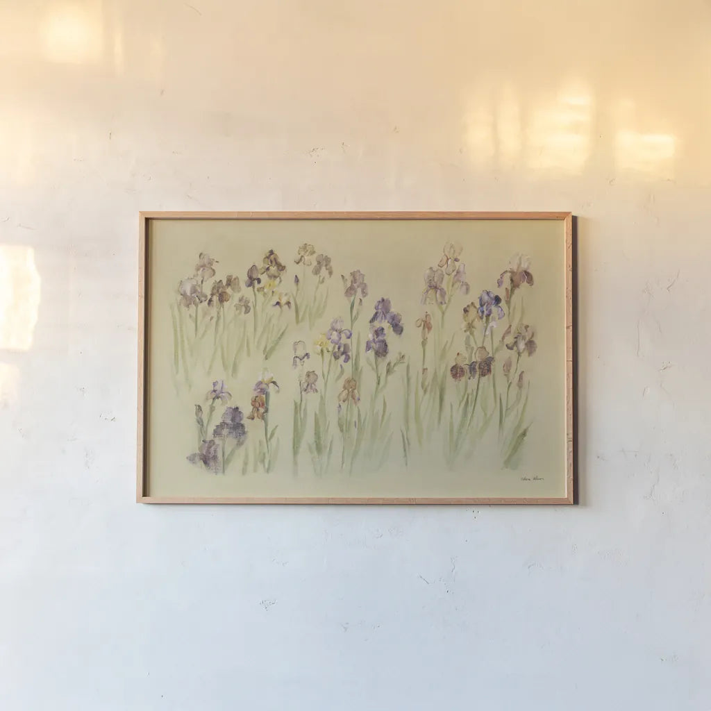 Field of Irises by Cheri Blum. shown as a paper print in a natural frame. Available as a archival giclee rolled canvas, fine art paper, or poster print. SKU 7223i.