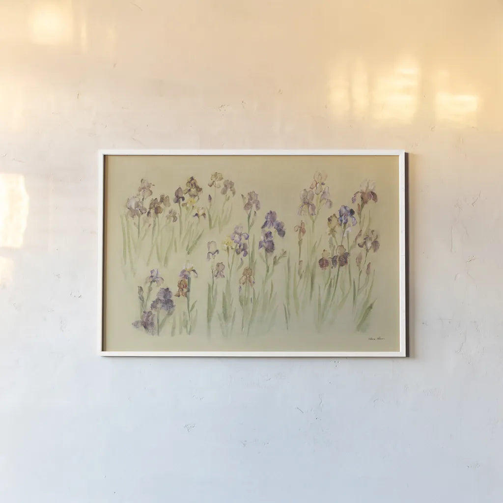 Field of Irises by Cheri Blum. shown as a paper print in a white frame. Available as a archival giclee rolled canvas, fine art paper, or poster print. SKU 7223i.