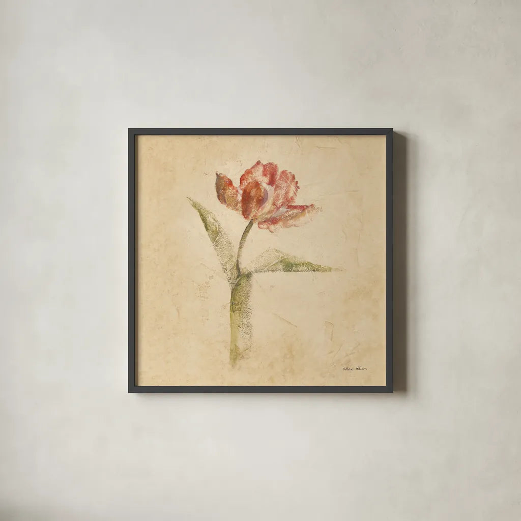 Flaming Parrot Tulip by Cheri Blum. Shown in a sleek black glass frame for a contemporary gallery look. Available as an archival giclee rolled canvas, fine art paper, or poster print. SKU 7350a.