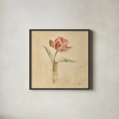 Flaming Parrot Tulip by Cheri Blum. Shown in a sleek black glass frame for a contemporary gallery look. Available as an archival giclee rolled canvas, fine art paper, or poster print. SKU 7350a.