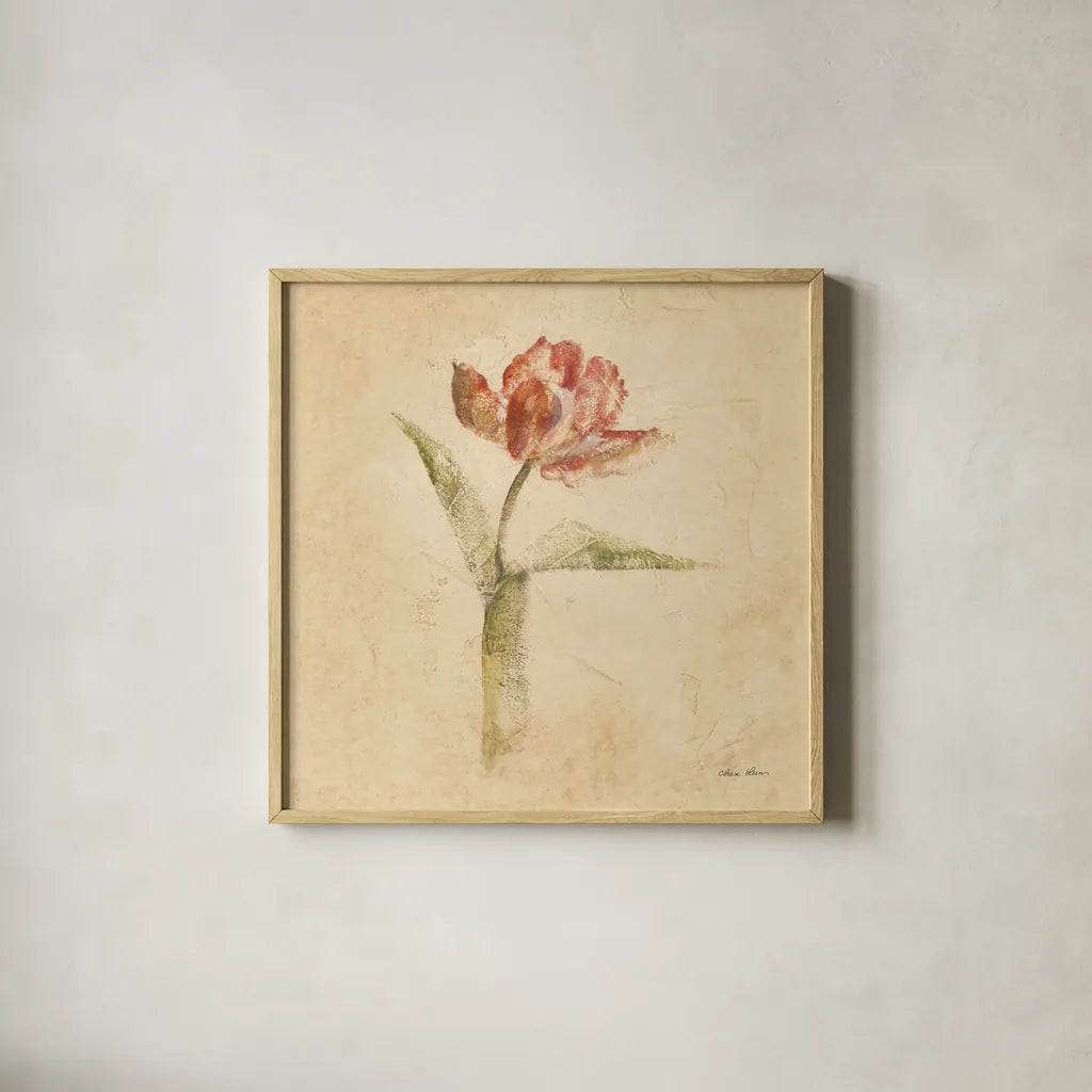 Flaming Parrot Tulip by Cheri Blum. Shown in a natural wood glass frame for a timeless modern aesthetic. Available as an archival giclee rolled canvas, fine art paper, or poster print. SKU 7350a.