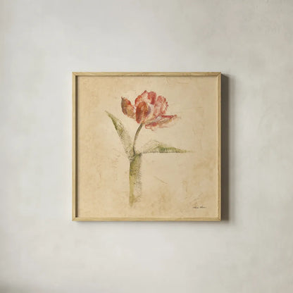 Flaming Parrot Tulip by Cheri Blum. Shown in a natural wood glass frame for a timeless modern aesthetic. Available as an archival giclee rolled canvas, fine art paper, or poster print. SKU 7350a.